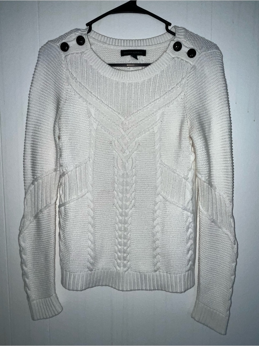 Banana Republic Cream Cable-Knit Crewneck Sweater with Shoulder Buttons